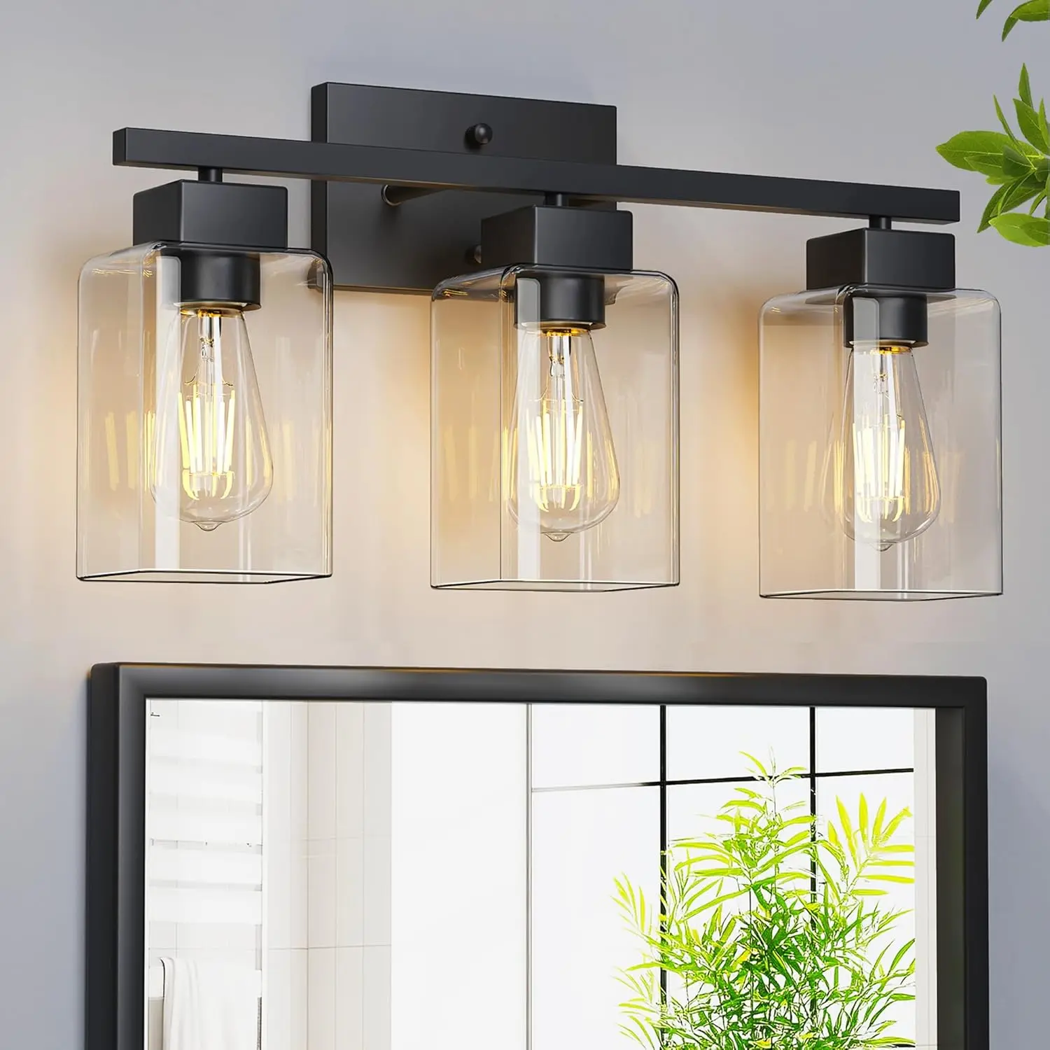 Bathroom Light Fixtures, Matte Black Modern Vanity Lights, Bathroom Lighting Fixtures Over Mirror, Square Design Farmhouse Wall Sconces with Clear Glass Shades
