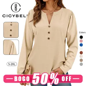 【BOGO 50% Off 】Cicy Bell Womens Puff Long Sleeve Henley Shirts Trendy Casual V Neck Button Up Tunic Tops Loose Fit Basic Tees
