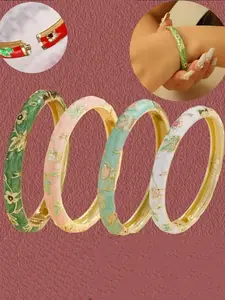 Women's Cloisonné Enamel Water Drop Plated Open Bangles, Fashion Bracelets, Vintage Ethnic Design, Elegant Jewelry Gift Set for Her