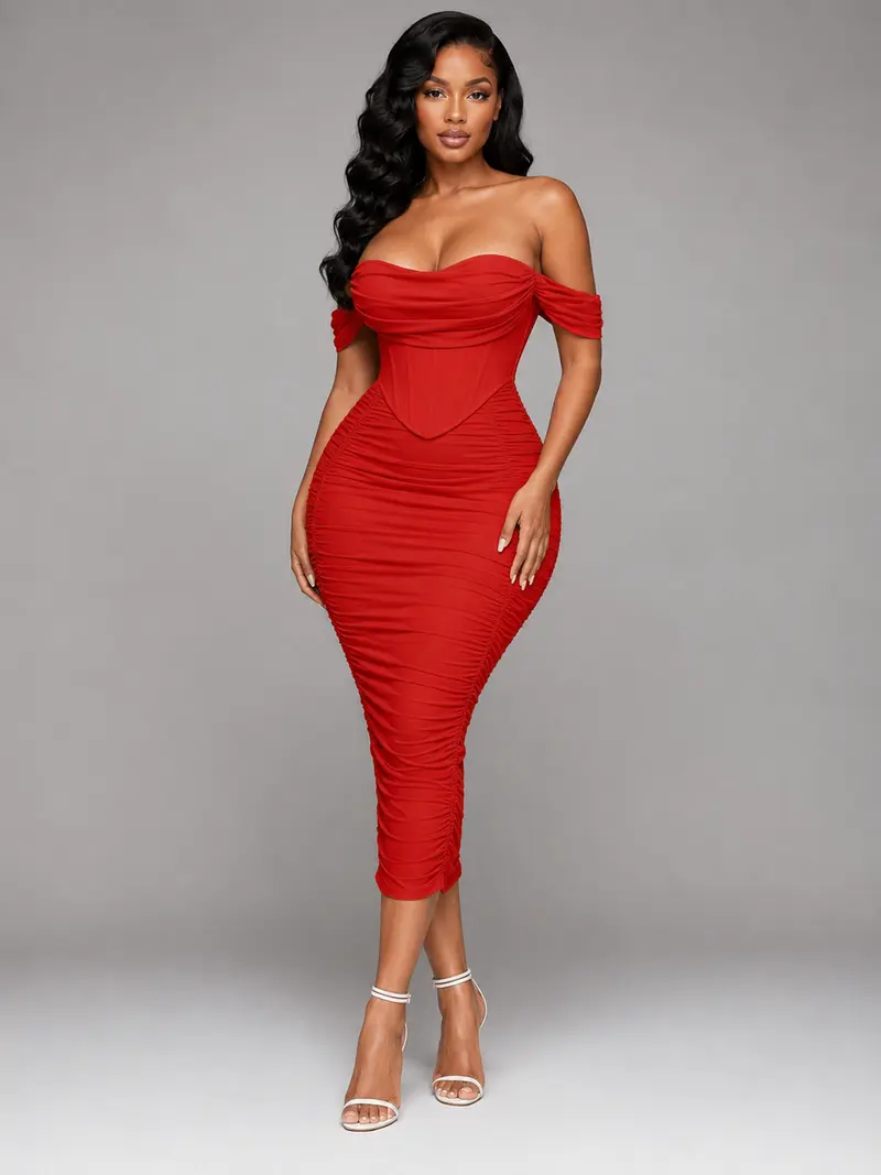 red bodycon dress off the shoulder Buy GOBLES Women's Ruched Off Shoulder Short Sleeve Bodycon Midi Elegant  Cocktail Party Dress Red at Amazon.in