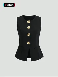 Women's Basic French Metal Button Sleeveless Thin Blazer, Casual Daily Wear Jacket, Lightweight Outerwear for Spring & Fall, Garment