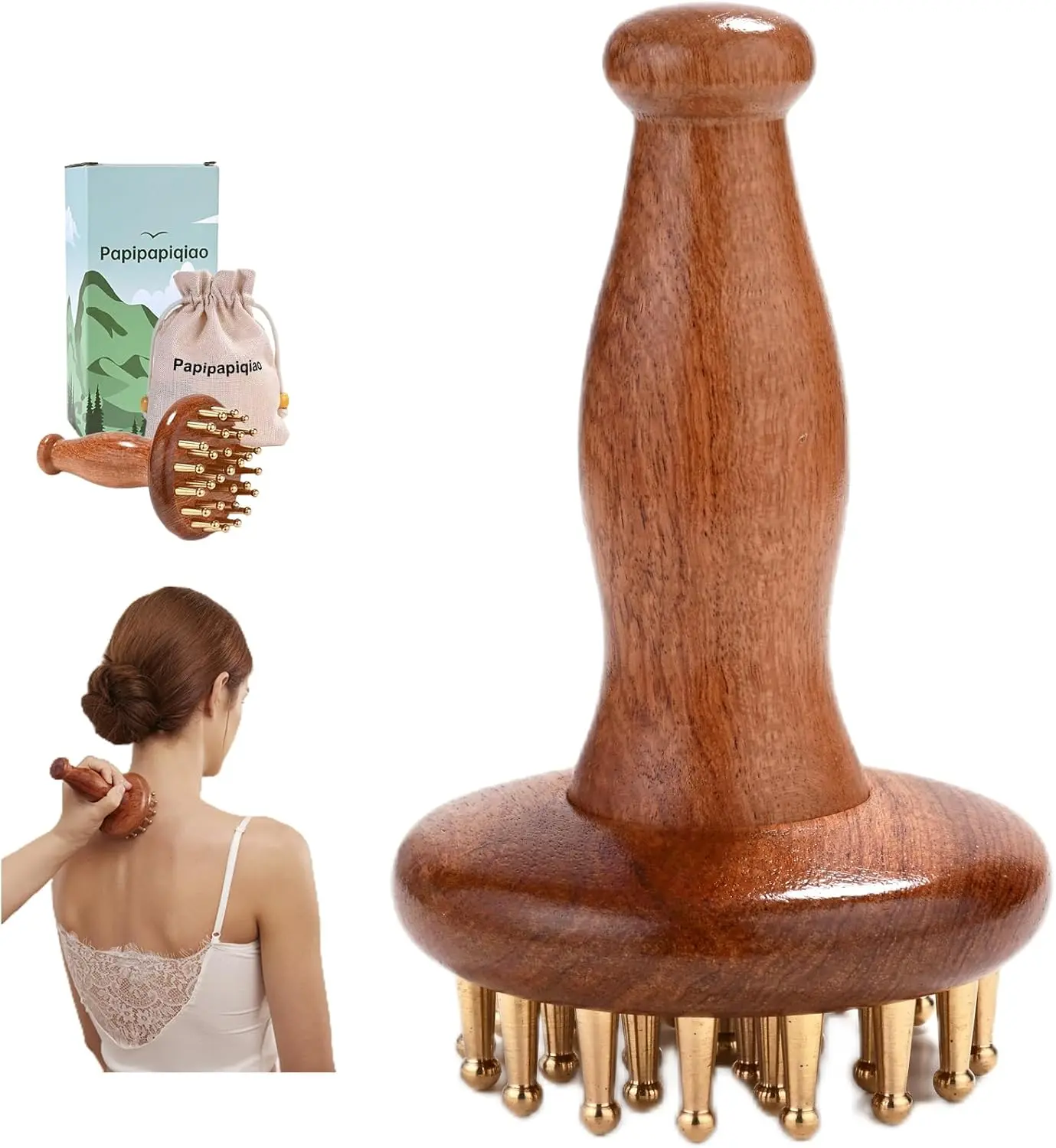 29teeth Copper Head Massage Comb for Body and Scalp Meridian Point Massager Brush for Body and Scalp Relief Body Massage Brush for Cellulite Remover Chinese SPA Gua Sha Tool Wooden Handle