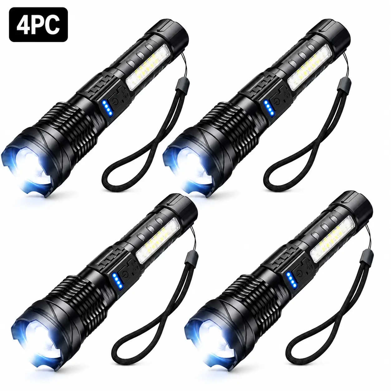 Zoomable Tactical Flashlight with COB Side Light, High Bright Handheld Torch with 7 Lighting Modes, Camping, Emergency, Outdoor Hiking, Household Use, Super Bright Focusable Beam Portable Flashlight with Anti-lost Lanyard