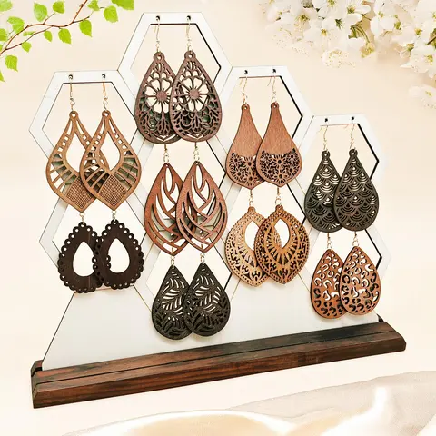 Wooden Hollow Out Geometric Design Dangle Earrings, Bohemian Earrings, Stacked Earrings Set, Boho Style Jewelry for Women, Handmade Jewelry, Dainty Fashion Jewelry, Earring Stacking Set
