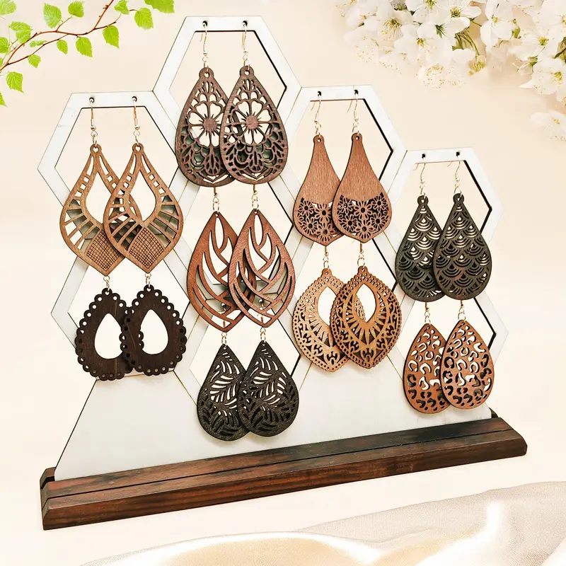 Wooden Hollow Out Geometric Design Dangle Earrings, Bohemian Earrings, Stacked Earrings Set, Boho Style Jewelry for Women, Handmade Jewelry, Dainty Fashion Jewelry, Earring Stacking Set