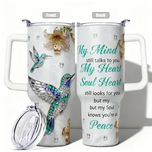 1pc, 40oz/30oz/20oz/14oz Stainless Steel Cup Hummingbird & Golden Lily Floral Double Wall Vacuum Insulated Cup, Leakproof Lid & Carry Handle Travel Mug for Outdoor Camping Hiking, Gift for Dad,