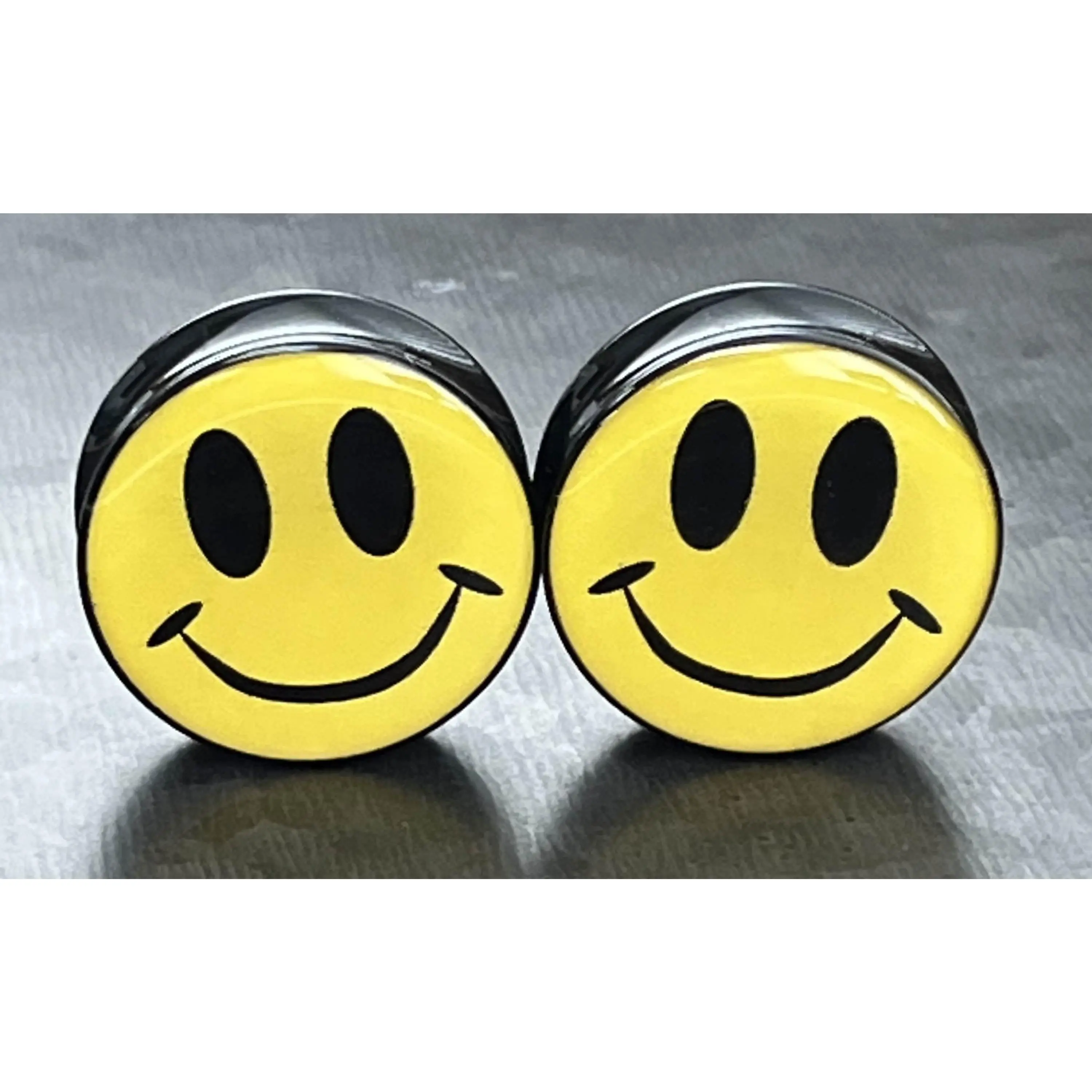 PAIR of Bright Yellow Smiley Face Logo Double Flare Acrylic Saddle Plugs - Gauges 8g (3mm) thru 1&3/16" (30mm)