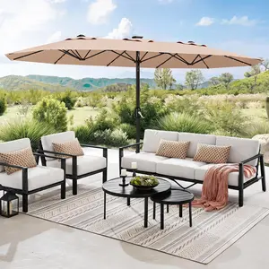 Solar LED Double-Sided Patio Umbrella 15FT - Rectangular Outdoor Market Parasol with Weighted Base & Sandbag - Waterproof, UV Resistant, Tilt & Crank, Heavy Duty for Poolside, Garden, Lawn, Beach