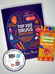 The Ultimate Pharm Survival Kit  Top 200 Drugs Coloring Book + 12-Color Pencils + Nursing Stickers