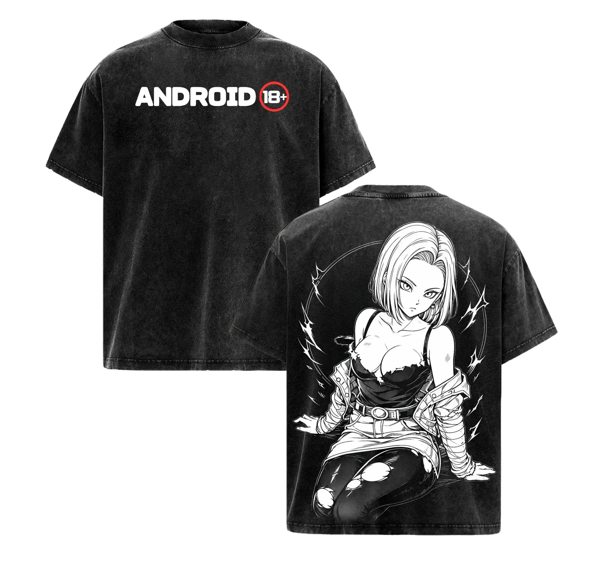 Android 18 DBZ Anime Graphic Tee! Premium Vintage Washed Oversized Cotton T-Shirt. High Res 2D Print Summer Casual Round Neck Top. Machine Washable Retro Manga Streetwear Pure Black White Aesthetic Clothing Gifts For Men Women Y2K Waifus Humorous Vibes
