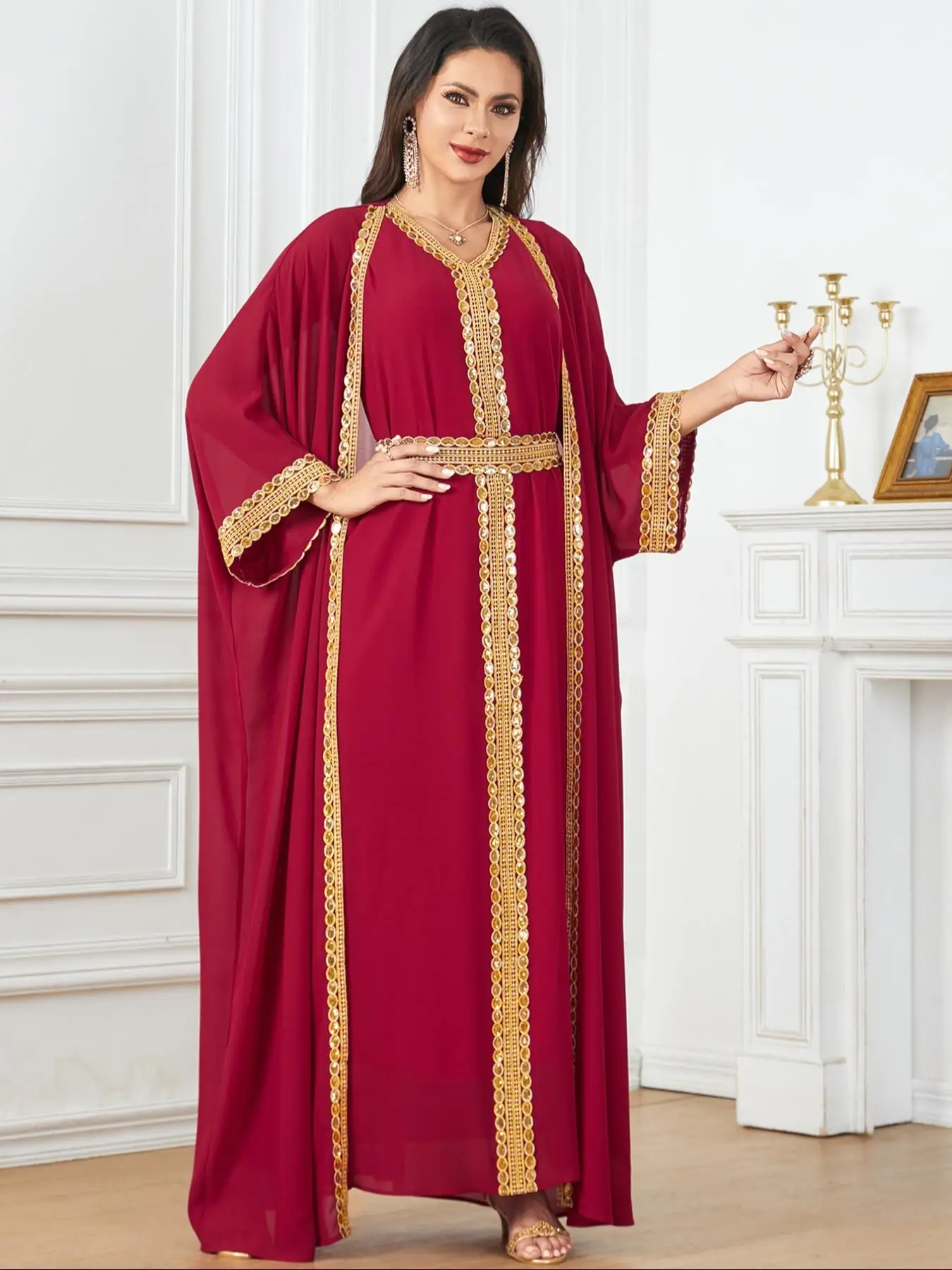 Arabic Clothing-Women's Contrast Sequin Long Sleeve Abaya & Belted Tank Dress Set, Modest Fashion Asian Suits Eid, Pakistani Suits, Modest Clothes