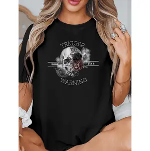 Trigger Book Club Warning Print Women'S Casual Crew Neck T-Shirt All Season Comfort Polyester Knit Fabric Perfect Gift For Book Lovers