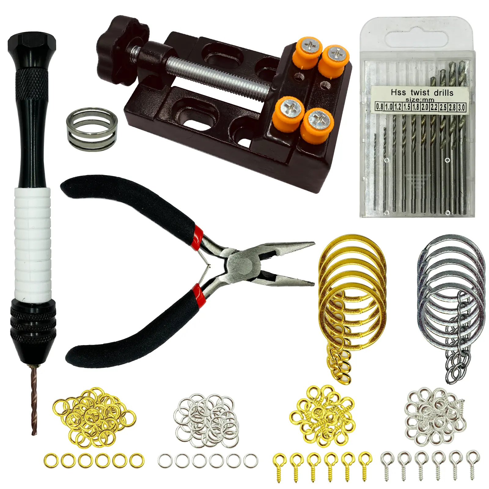 224pcs Pin Vise Kit for Resin Molds Steel Hand Drill with Drill Bits Grip Nose Pliers Keychain Supplies Jump Rings Tool Manual Drill Press Vise Bead Holder for DIY Jewelry Making Crafting Precision Work