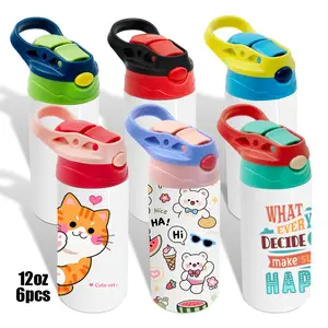 ZREGGUR Kids Sublimation Tumbler Bulk,6 Pack 12oz Stainless Steel Sublimation Blank Sippy Cup,Double Wall Insulated Kids Tumbler with Handle,Spill Proof lid,for Water,Drinks,Water bottle hello girl