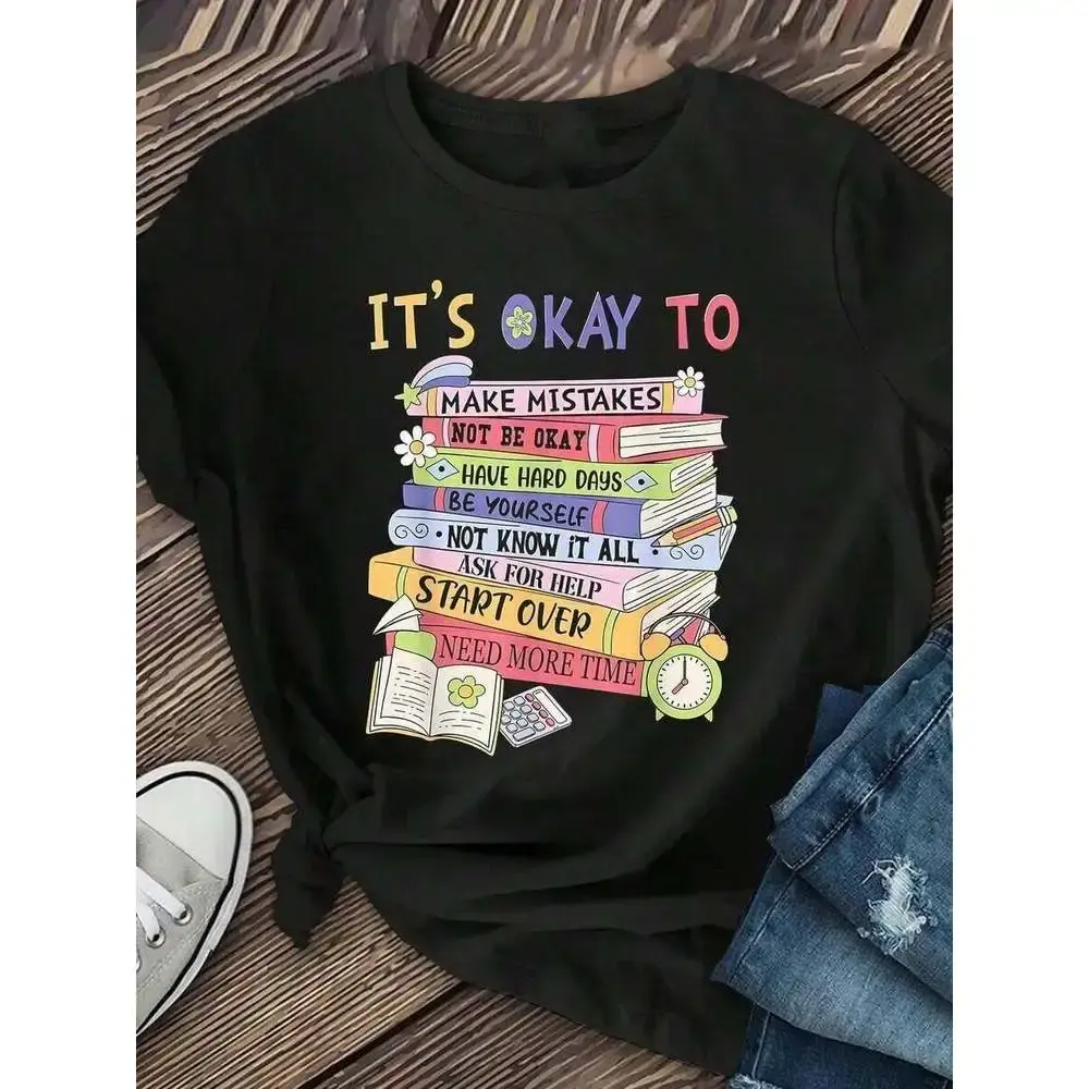 Women's 'It's Okay' Graphic T-Shirt - Comfortable Basic Soft Cotton Top for Loungewear or Layering with Jackets and Cardigans, Day, Solid, Shortsleeve