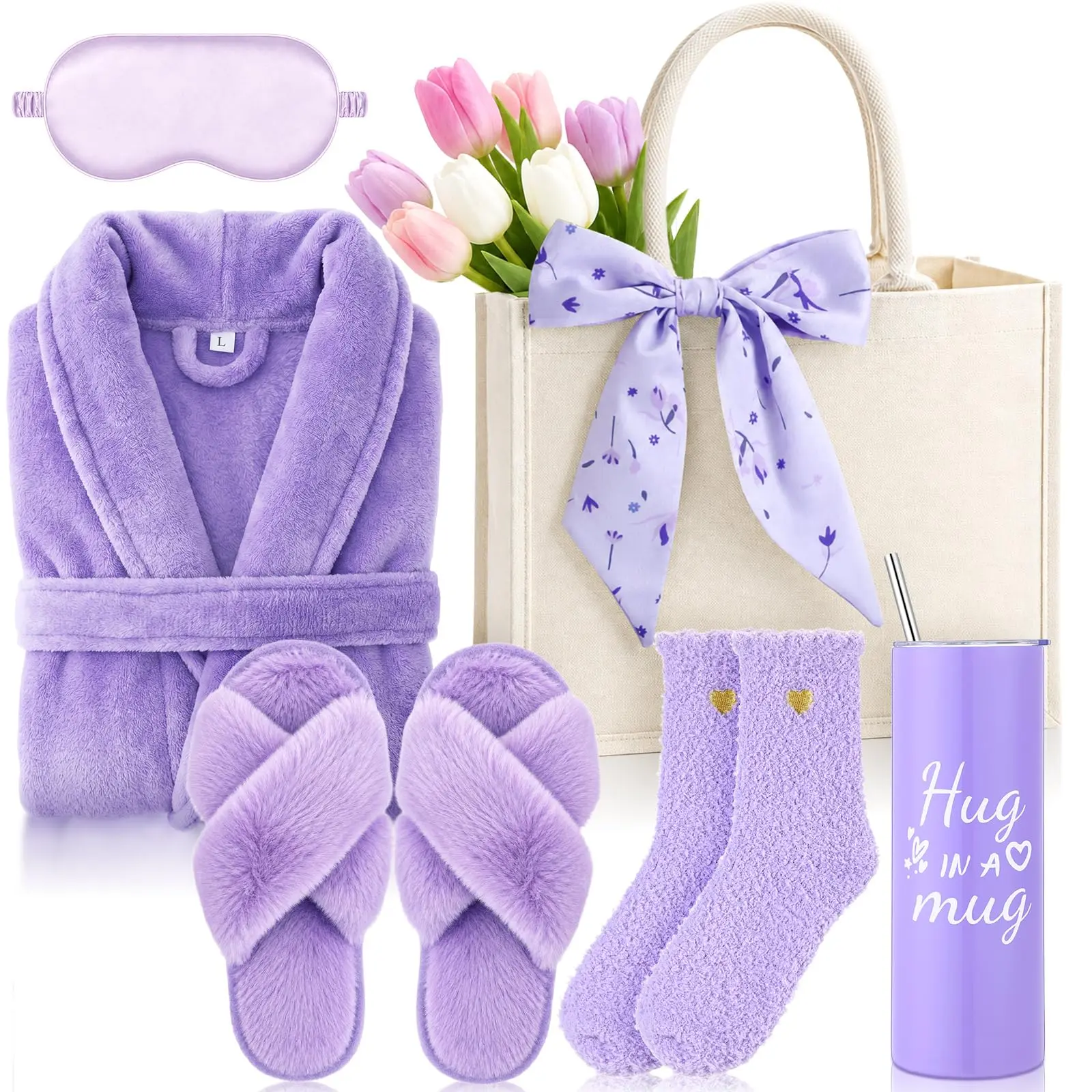 7 Pcs Birthday Gifts for Women Spa Robe and Slippers Set Self Care Gift Basket for Women Spa Gift Basket for Friend