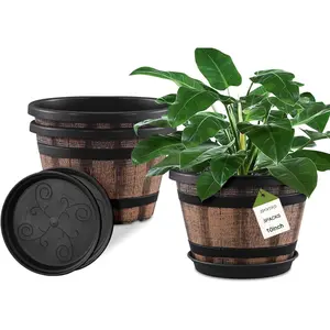 3 Pack 10 inch  Pots, Barrel Planters with Drainage Holes & , Plastic Decoration Flower Pots Imitation  Barrel Design, for Indoor & Outdoor Garden   (Brown)