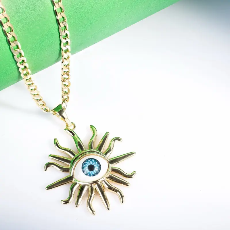 Silver&More 14 Karat Gold Laminated Evil Eye Pendant Necklace, 3MM Cuban Link Chain, 16”/18”/22” Lengths, Blue Eye Charm, Unisex Fit Protection Jewelry for Casual Wear, Evil-Eye Charm Necklaces, Eye-Themed Necklaces