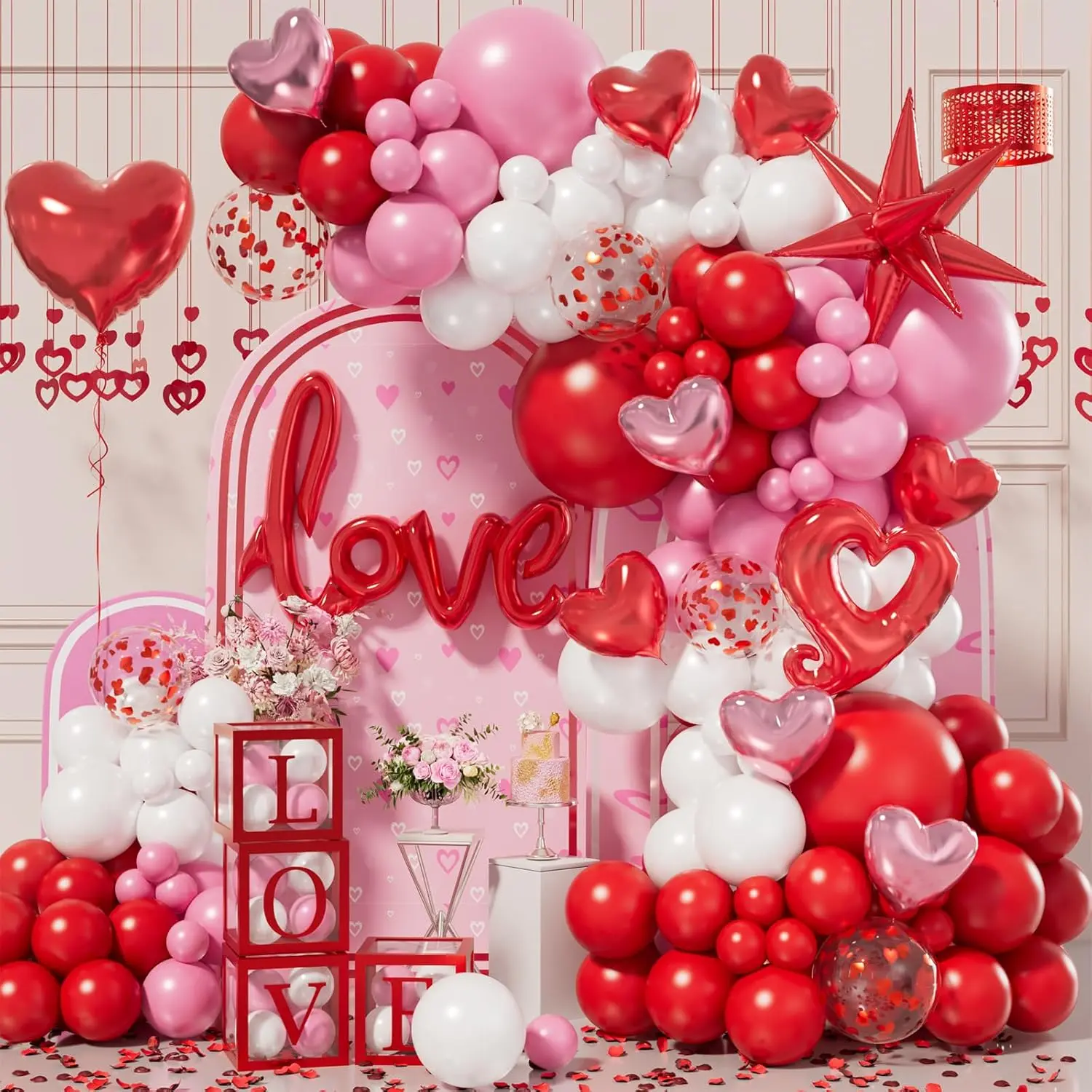 156pcs Valentines Day Balloon Arch Garland Kit with Pink White Red Confetti Heart Balloons Love Foil Balloons Explosion Star Balloons Rose Petals for Anniversary Wedding Romantic Decorations, Rubber