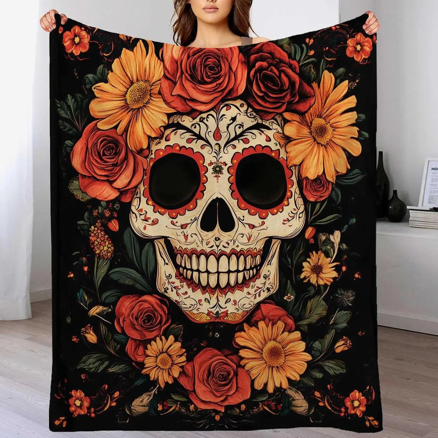 A Candy Skull Blanket, A Women's Candy Skull Gift, A Day of The Dead Blanket, Made of Soft and Comfortable Lightweight Mexican Wool, Suitable for Decorating Sofas and Bedrooms, Halloween