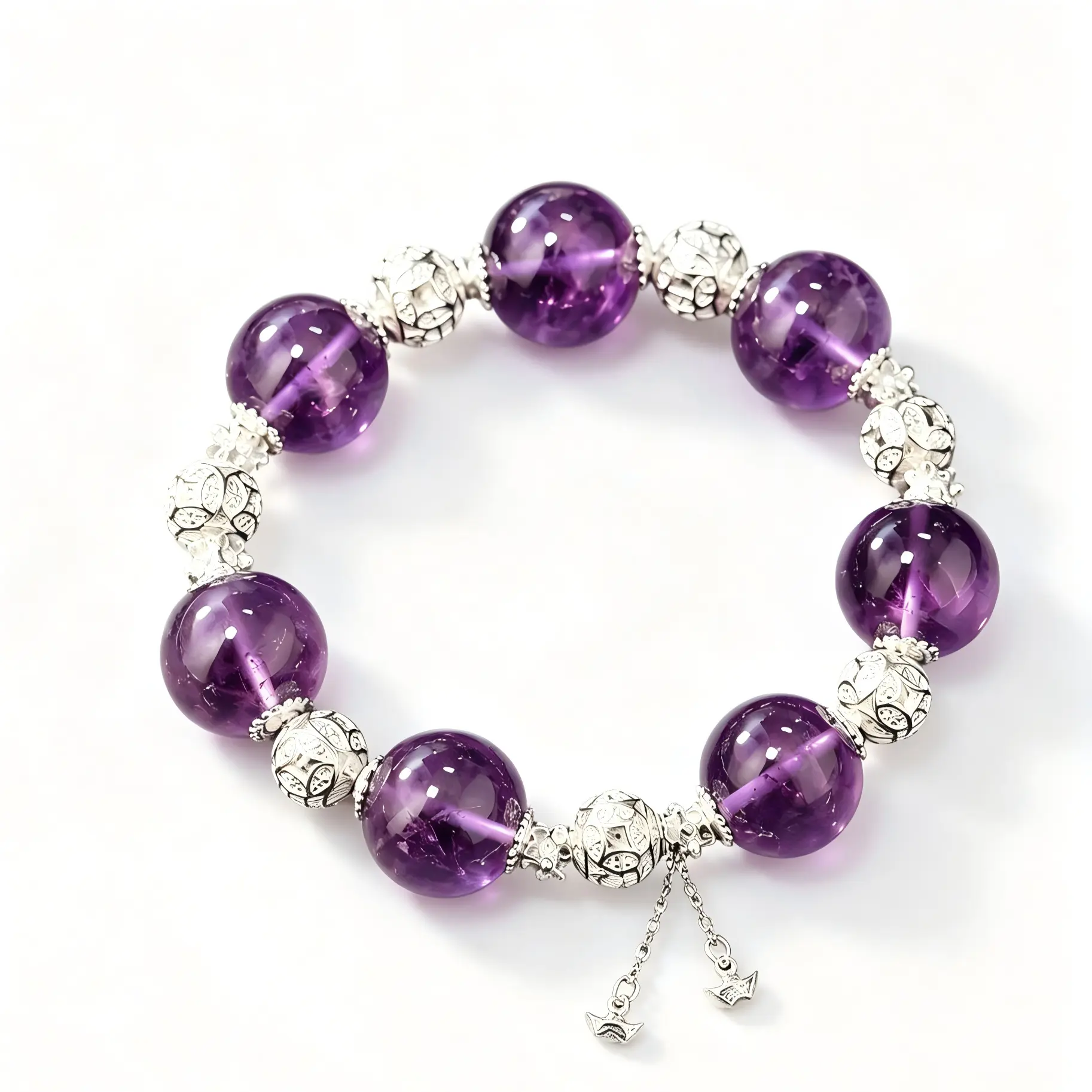 Fine Silver 999 Stretch Beaded Bracelet for Women, Decorative Purple Synthetic Crystal Bead Charm Bracelet