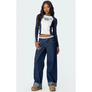 Edikted Women's Striped Boxer Detail Low Rise Jeans