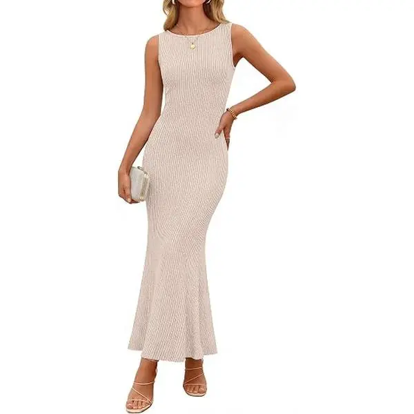 ZESICA Women's Summer Spring Sleeveless Knit Maxi Dress 2026 Boat Neck Bodycon Casual Vacation Party Sweater Dresses