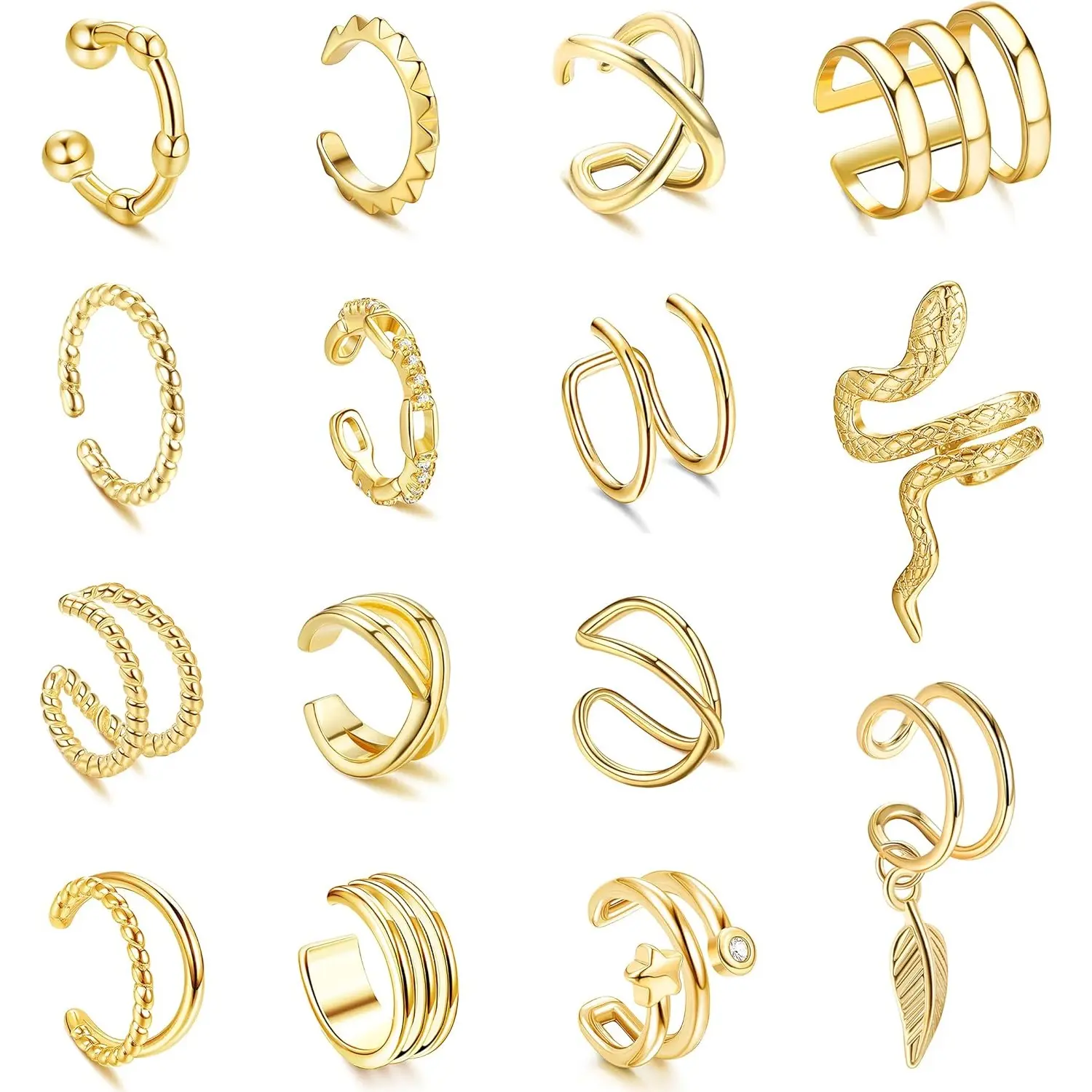 MILACOLATO Women's Soft Brass Clip-On Earcuff Set - Adjustable Non-Piercing Hollow Snake Motif Jewelry for Cartilage Helix Wrap, Hypoallergenic Earring Stacking Fashion Jewelry, Earring Stacking Set, High Quality Earrings, Ear Cuff
