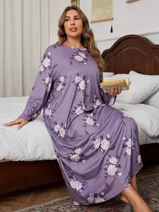 Moo Moo Plus Size Women's Floral Round Neck Long Sleeve Sleepwear Dress - Machine Washable & Comfortable Fit