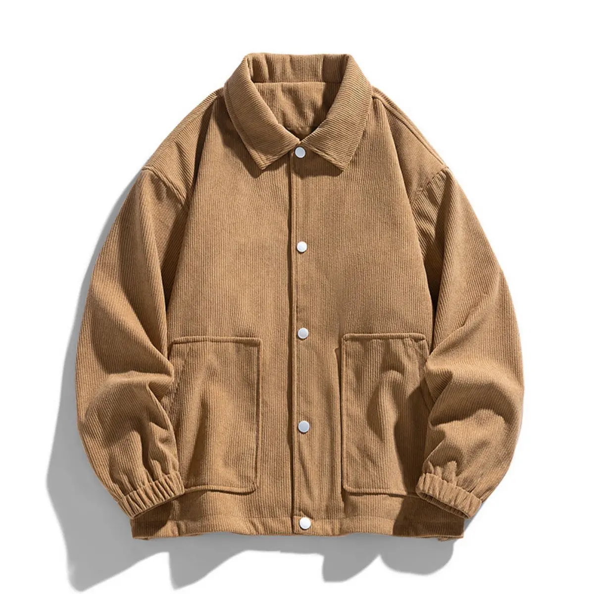 Men's Retro Corduroy Workwear Jacket - Long Sleeves, Warm Brown Tops, Loose Cut, Button Decoration, Pockets, Hem Details, Polyester Clothes, 2026 Spring Youth Trendy City Casual Lightweight Coat, Wear-Resistant