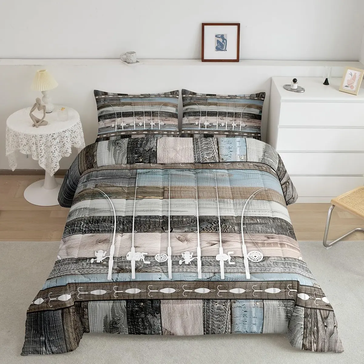 Feelyou King Size Retro Patchwork Wood Fishhook Duvet Set with Insert - Breathable All-Seasons Decorative Bedding, Bold Duvets & Sets for RV/Home, Car Camping Bedding for Bedroom Reset & Ice Fishing Enthusiasts