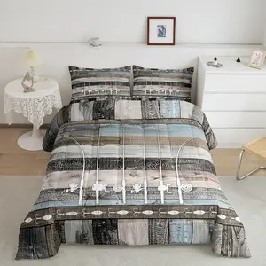 Feelyou King Comforter Set - Retro Patchwork Wood Fishhook Bedding Set with Duvet Insert, Fishing-Themed Quilt, Ideal Gift for Ice Fishing Gear Enthusiasts, Comforter Set King