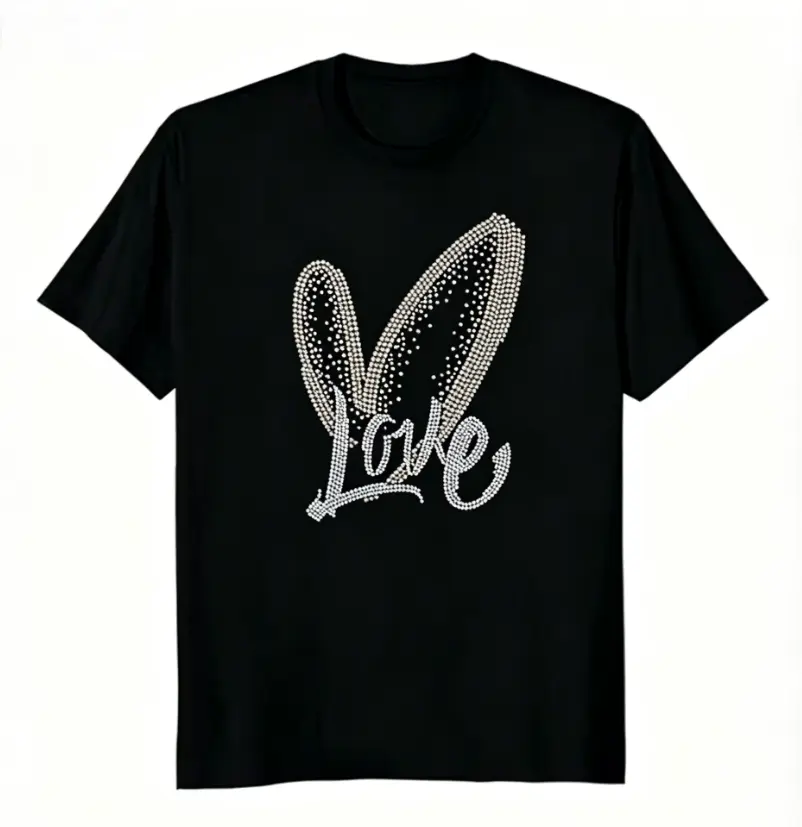 Rhinestone Style Bunny Ear Love Graphic Crew Neck T‑Shirt