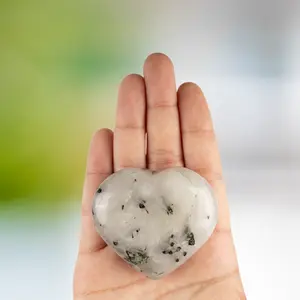 Tourmalinated Quartz Heart Palm Stone, Polished Crystal Stone for Chakra Balancing, Meditation, Spiritual and Crystal Gift