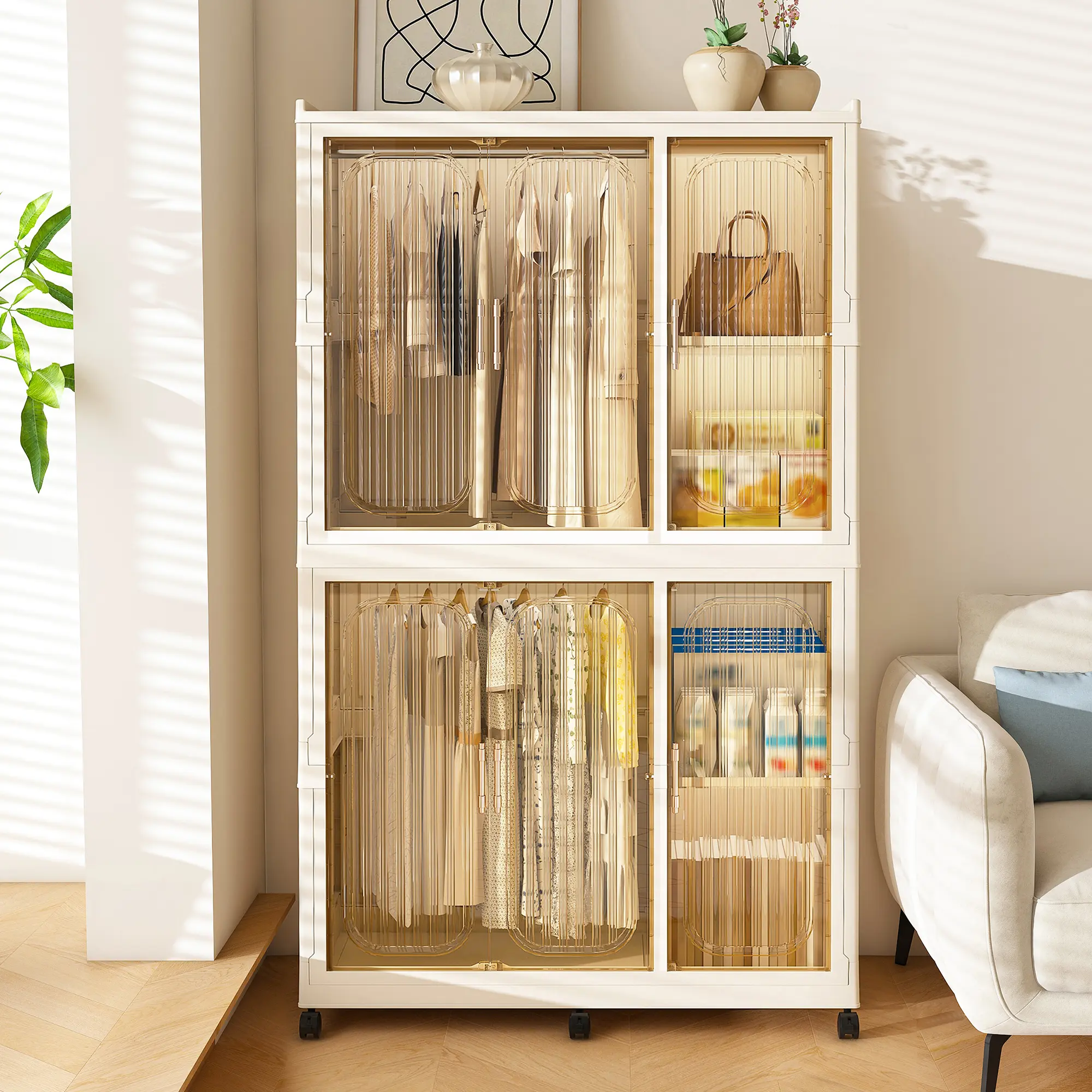 Portable Wardrobe Closet Storage Organizer for Clothes,Clothes Dresser,6 Magnetic Doors-6 Cubes & 2 Hanging Rod,6 pcs hangers , Baby Wardrobe Storage Cabinet,White Organization Teen Girl Bedroom Furniture