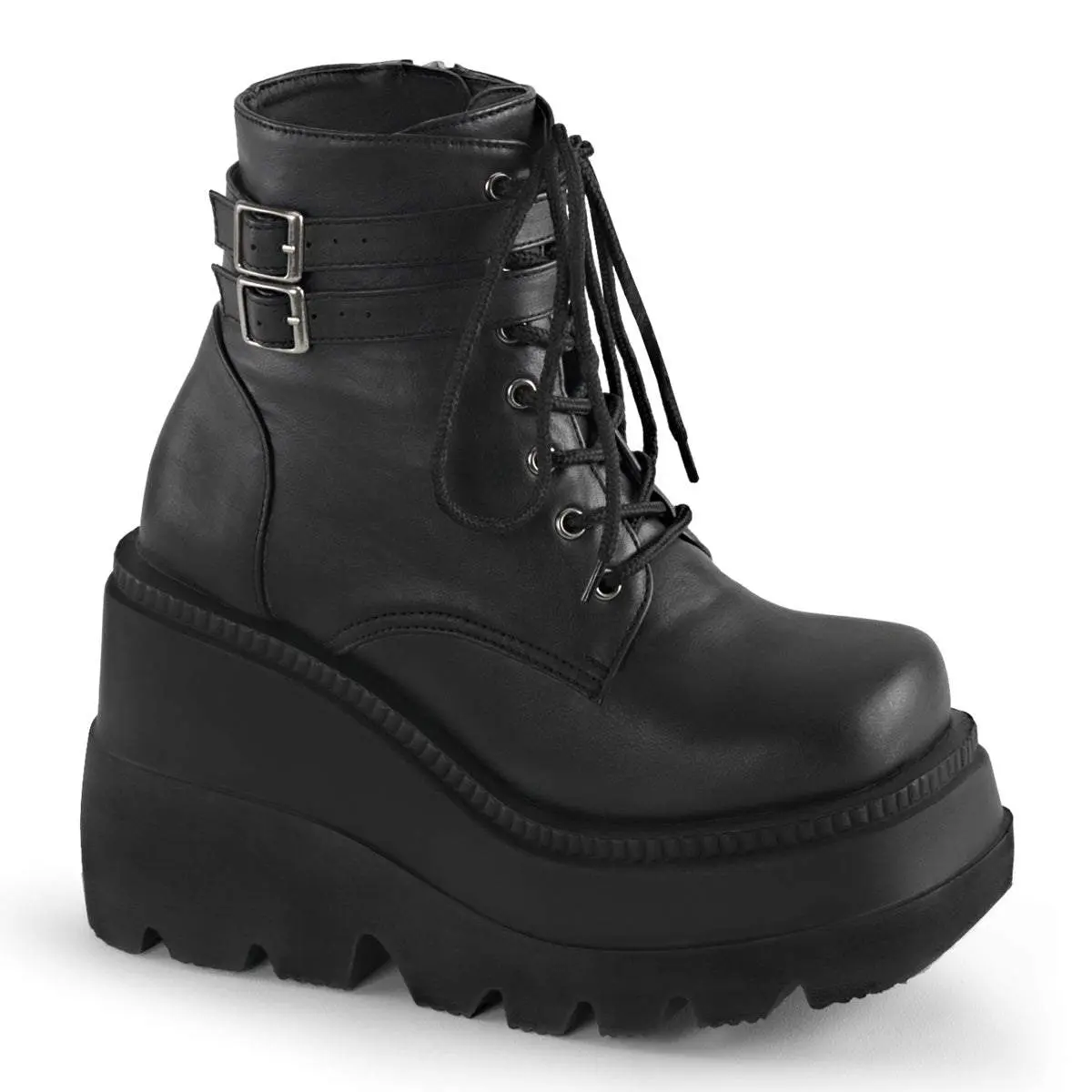 Women's Round Toe Vegan Leather Platform Heel Lace-Up Ankle Boot - Shaker-52 Women's Round Toe Vegan Leather Platform Heel Lace-Up Ankle Boot - Shaker-52