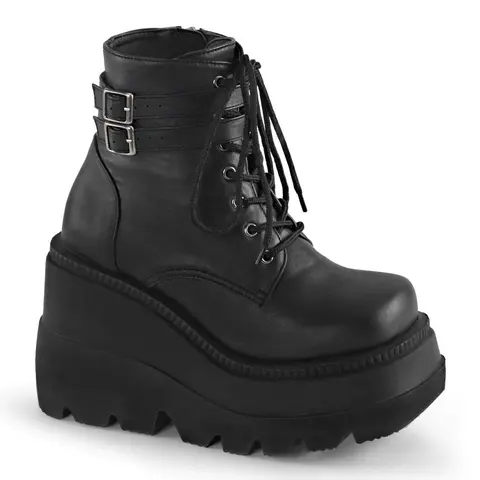 Demonia Women's Round Toe Plain Vegan Leather Platform Wedge Cuban Heel Lace-Up Ankle Boot - Buckle-Accented, Comfortable, Secure Calf-Hugging Fit, Footwear Fashion, Goth Vibes, Height Increase Solutions - Shaker-52