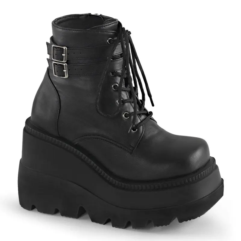 Demonia Women's Round Toe Plain Vegan Leather Platform Wedge Cuban Heel Lace-Up Ankle Boot - Buckle-Accented, Comfortable, Secure Calf-Hugging Fit, Footwear Fashion, Goth Vibes, Height Increase Solutions - Shaker-52