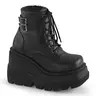 Demonia Women's Round Toe Plain Vegan Leather Platform Wedge Cuban Heel Lace-Up Ankle Boot - Buckle-Accented, Comfortable, Secure Calf-Hugging Fit, Footwear Fashion, Goth Vibes, Height Increase Solutions - Shaker-52