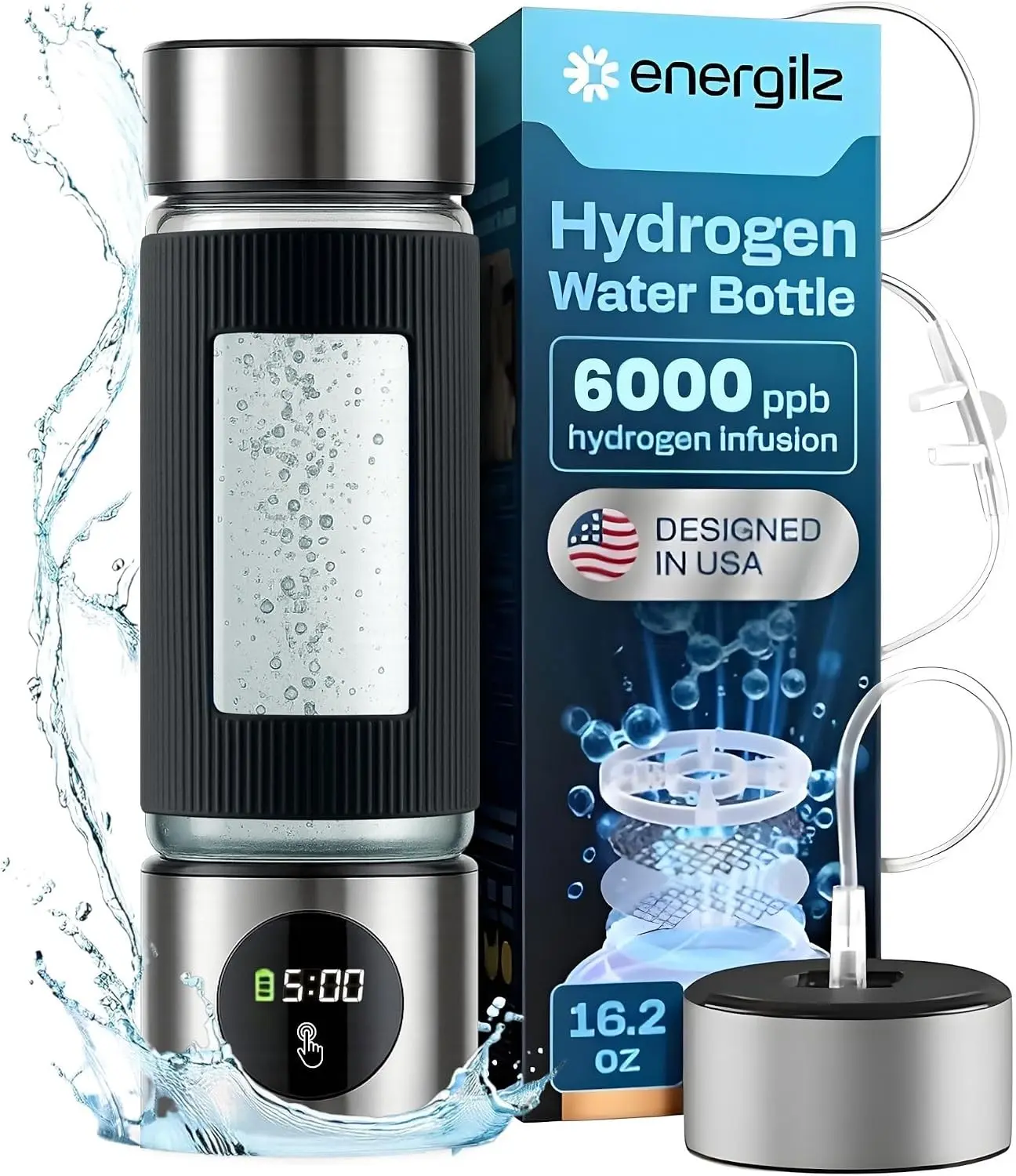 Hydrogen Water Bottle | 16.2 oz (480 ml) Hydrogen Water Generator | 6000 PPB Hydrogenator Machine | SPE/PEM Ionizer Generator (Silver)