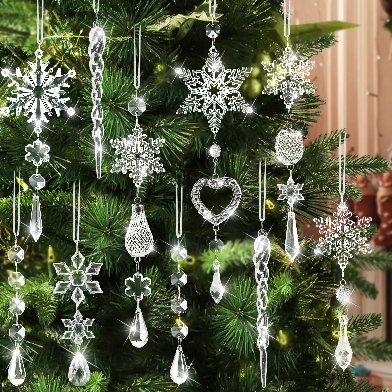21pcs Christmas Tree Decorative Ornament Set - Hanging Acrylic Snowflake Icicle Drop Home Ornaments for Xmas Winter New Year Wedding Party Supplies