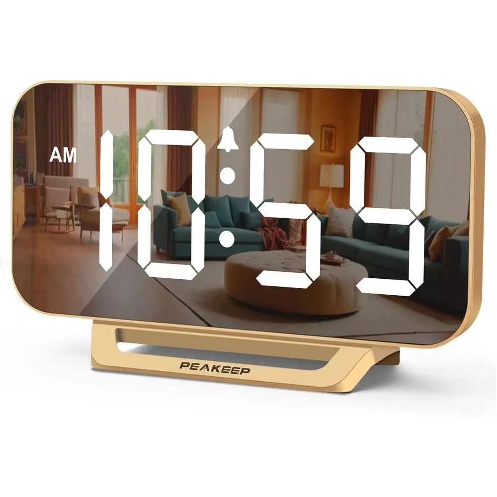 Gold Minimalist Slim Digital Alarm Clock - Corded Plug-In Electric, 6-Dimmer Eye Care, Big LED Display, Battery Backup, Home Decor Design, Multifunctional for Bedroom Desk, Decoration