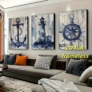 3 Nordic retro-style anchor lighthouse and compass vintage canvas posters, for bedroom, office, café, and living room wall decor—2D flat print unframed art