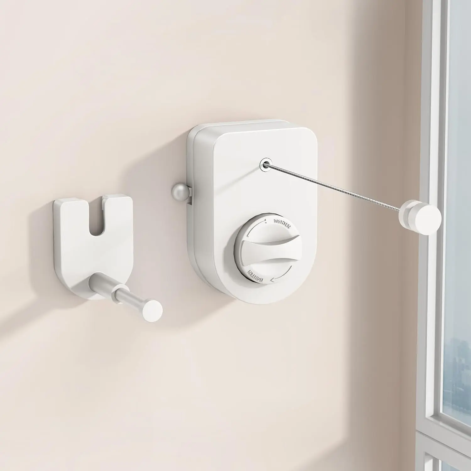13.7Ft Retractable Clothesline Indoor Outdoor Non-Sagging Heavy Duty Space-Saving Wall Mounted Laundry Line with Telescopic Hanging Rod White