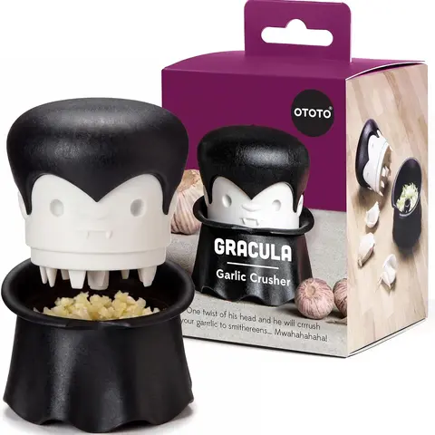 OTOTO Gracula Garlic Press, Garlic Crusher, Garlic Mincer, Also for Ginger, Nuts, Chili, Herbs - Twist Top Mincer & Easy Squeeze Manual Press Peeler, Goth Gifts