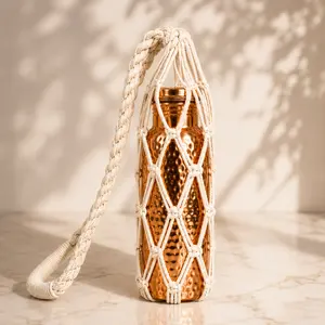 Handmade Macrame Water Bottle Holder with Hammered Copper Bottle, Boho Cotton Shoulder Bottle Carrier for Travel, Walking, Yoga & Daily Use
