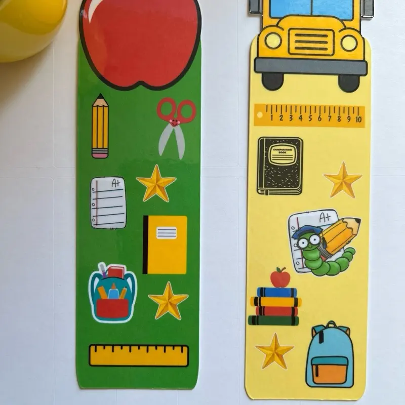 Back to School School Themed Bookmarks with Apple Pencil Ruler and Backpack Designs for Educational Use