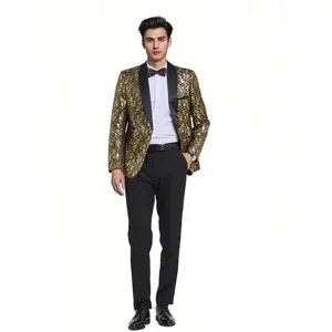 Men's Two-Piece Shawl Lapel Single Button Tuxedo Suit Winter Fabric Slim Fit Premium Dinner Jacket and Matching Trousers-Gold Black