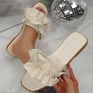 Women’s Faux Pearl Ruffle Slide Sandals Square Toe Flat Summer Casual Shoes for Bridal Beach Vacation Outdoor Gatherings Wear