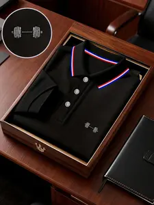 Men's Cartoon Dumbbell Print Polo Shirt, Loose-Fit Short Sleeve, Breathable Elastic Fabric, Casual Business Tee, Spring Summer Fashion